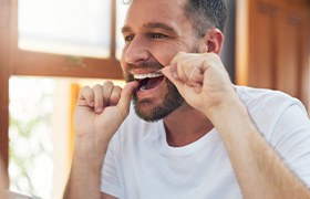 Man flossing his teeth