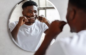 Man smiling while flossing his teeth in bathroom